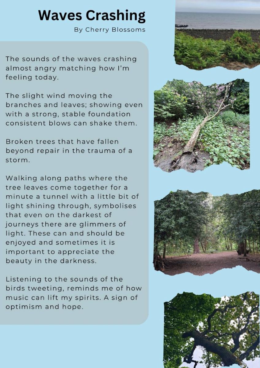 Article of poetry with pictures of a waves, sea, trees, fallen down tree and tree foliage. The text states. The sounds of the waves crashing almost angry matching how I’m feeling today.    The slight wind moving the branches and leaves; showing even with a strong, stable foundation consistent blows can shake them.     Broken trees that have fallen beyond repair in the trauma of a storm.    Walking along paths where the tree leaves come together for a minute a tunnel with a little bit of light shining through, symbolises that even on the darkest of journeys there are glimmers of light. These can and should be enjoyed and sometimes it is important to appreciate the beauty in the darkness.    Listening to the sounds of the birds tweeting, reminds me of how music can lift my spirits. A sign of optimism and hope.
